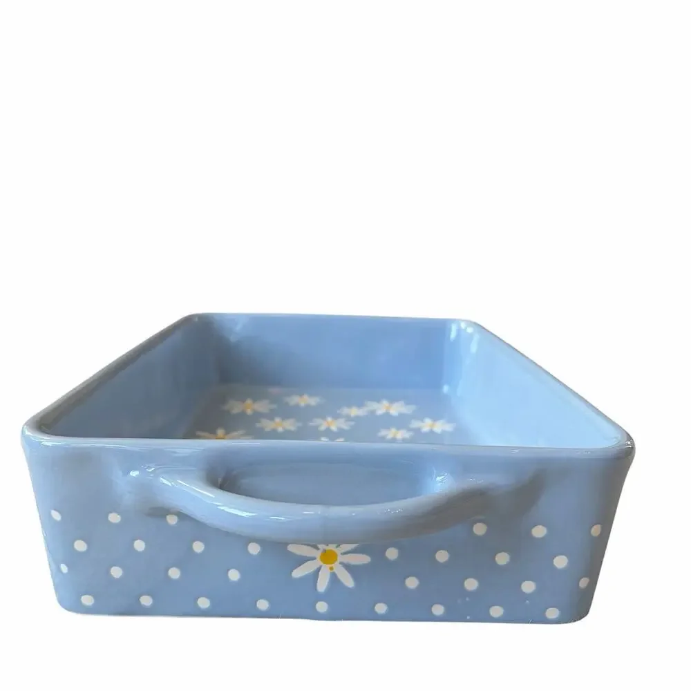 10 Strawberry Street Daisy Rectangular Baker 12x8 Blue Polka Dot NEW